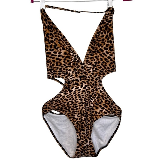 Express Leopard Print Deep V Neck High Side Cut Cut-Out Swimsuit Size L NWT - Picture 3 of 13